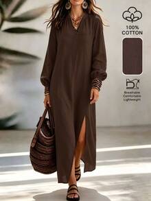 LUMIGAL Women's Coffee Brown V-Neck Long Sleeve Slit Dress Vacation Autumn Boho - Coffee Brown - View 4
