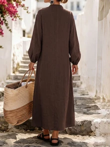 LUMIGAL Women's Coffee Brown V-Neck Long Sleeve Slit Dress Vacation Autumn Boho - Coffee Brown - View 2