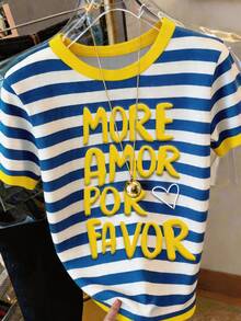 DrmWander Women's Summer Top, Blue And Yellow Striped Color-Block Splicing, All-Over Print Design, Color-Block Neckline And Cuffs, Comfortable And Lightweight - Green - View 5