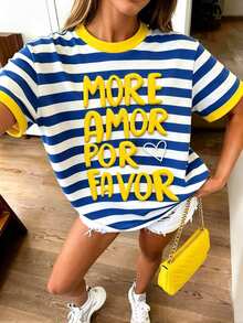 DrmWander Women's Summer Top, Blue And Yellow Striped Color-Block Splicing, All-Over Print Design, Color-Block Neckline And Cuffs, Comfortable And Lightweight - Green - View 1