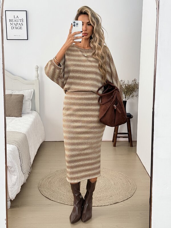 SHEIN LUNE Casual Women's Autumn/Winter Striped Patchwork Long Sleeve Top And Skirt Fashion Set Back To School Casual Sets For Women Work Outfits For Women