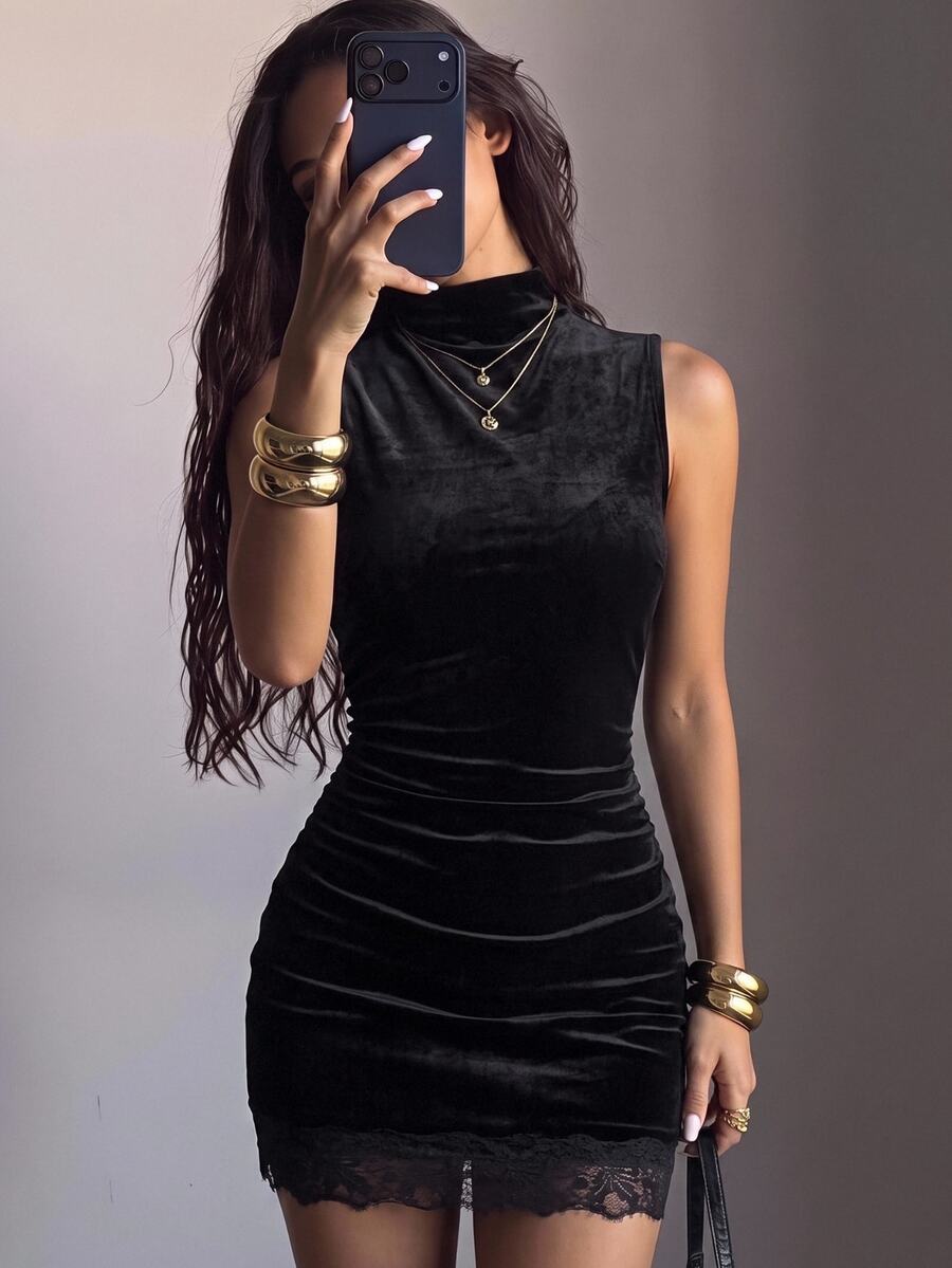 SHEIN EZwear 黑色天鵝絨女款修身無袖洋裝,萬聖節夜店約會之夜外訪雞尾酒會秋季性感優雅 - 黑色 - 查看 1