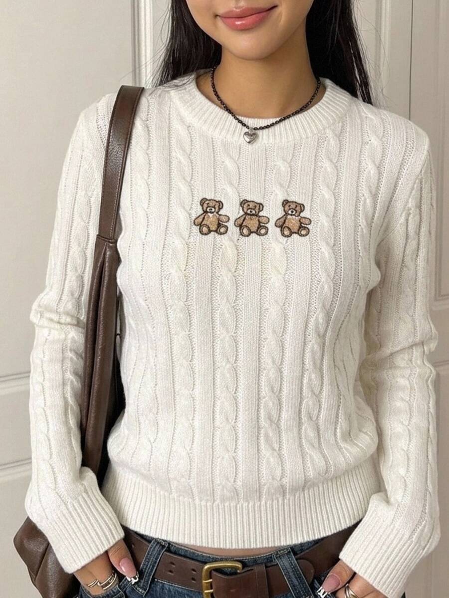Kids Tween Girl Cartoon Pattern Casual Versatile Daily Wear Long Sleeve Sweater - White - View 1