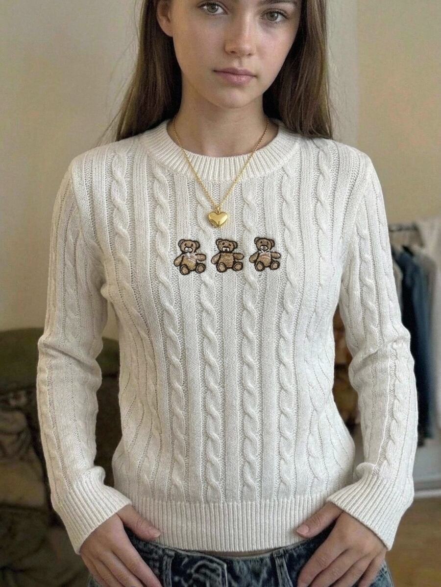 Tween Girl Cartoon Pattern Casual Versatile Daily Wear Long Sleeve Sweater - White - View 1