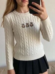 Tween Girl Cartoon Pattern Casual Versatile Daily Wear Long Sleeve Sweater - White - View 6
