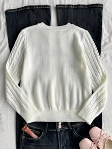 Tween Girl Cartoon Pattern Casual Versatile Daily Wear Long Sleeve Sweater - White - View 7
