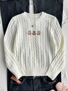 Tween Girl Cartoon Pattern Casual Versatile Daily Wear Long Sleeve Sweater - White - View 5