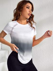 SHEIN Cheerettes Women's Ombre Curved Hem Athletic Top Sportswear Short Sleeve Gym Workout Sports Tee For Autumn - Grey - View 6