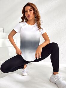 SHEIN Cheerettes Women's Ombre Curved Hem Athletic Top Sportswear Short Sleeve Gym Workout Sports Tee For Autumn - Grey - View 5