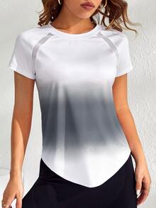 SHEIN Cheerettes Women's Ombre Curved Hem Athletic Top Sportswear Short Sleeve Gym Workout Sports Tee For Autumn - Grey - View 2