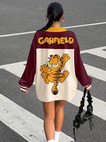 Muchica GARFIELD | SHEIN 女款長袖拼色字母印花圖案T恤，適合街頭風、機場穿搭、時尚、返校、Y2K、派對、海灘度假、假日、外出 - 彩色 - 查看 2