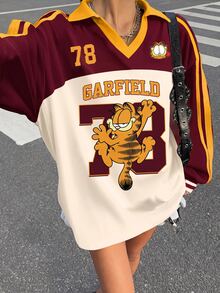 Muchica GARFIELD | SHEIN 女款長袖拼色字母印花圖案T恤，適合街頭風、機場穿搭、時尚、返校、Y2K、派對、海灘度假、假日、外出 - 彩色 - 查看 7