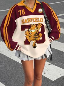 Muchica GARFIELD | SHEIN 女款長袖拼色字母印花圖案T恤，適合街頭風、機場穿搭、時尚、返校、Y2K、派對、海灘度假、假日、外出 - 彩色 - 查看 5