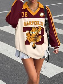 Muchica GARFIELD | SHEIN 女款長袖拼色字母印花圖案T恤，適合街頭風、機場穿搭、時尚、返校、Y2K、派對、海灘度假、假日、外出 - 彩色 - 查看 4