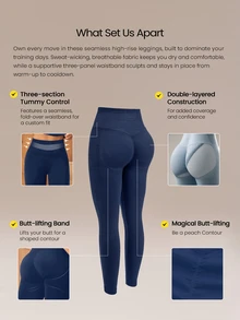 GLOWMODE 24" Ultrafine Soft Seamless Strong Strides High-Rise 3-Panel Waist Non-See Through Scrunch Butt Lifting Leggings Medium Impact Training Running Workout Gym Wear - Dark Blue - View 3