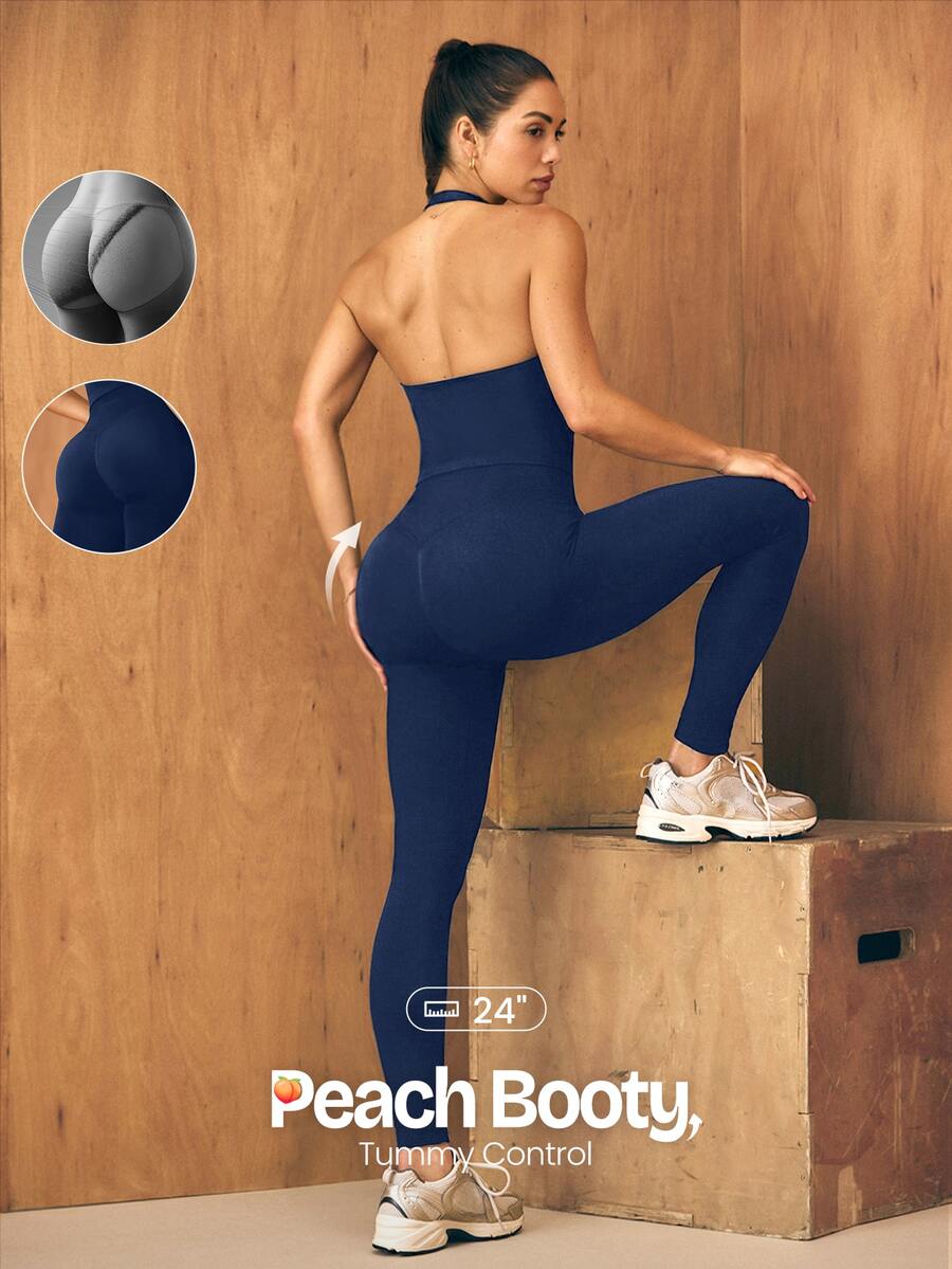 GLOWMODE 24" Ultrafine Soft Seamless Strong Strides High-Rise 3-Panel Waist Non-See Through Scrunch Butt Lifting Leggings Medium Impact Training Running Workout Gym Wear - Dark Blue - View 1
