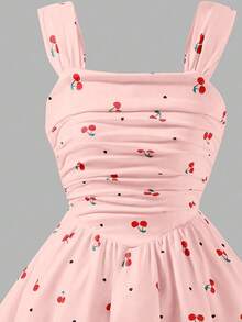 Tween Girls Girls' Fruit Cherry Digital Print Spaghetti Strap Mini Dress, Outfit - Pink - View 6