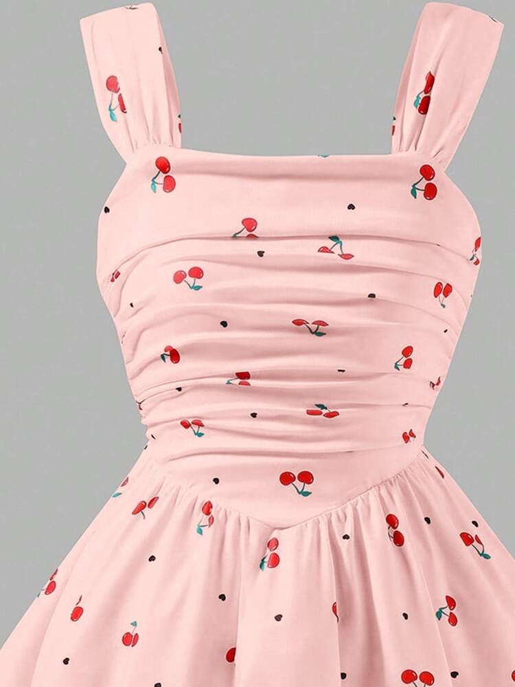Tween Girls Girls' Fruit Cherry Digital Print Spaghetti Strap Mini Dress, Outfit - Pink - View 5