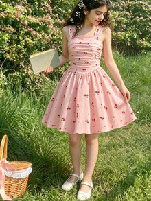 Tween Girls Girls' Fruit Cherry Digital Print Spaghetti Strap Mini Dress, Outfit - Pink - View 2