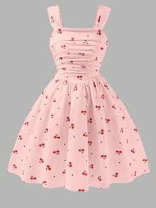 Tween Girls Girls' Fruit Cherry Digital Print Spaghetti Strap Mini Dress, Outfit - Pink - View 8