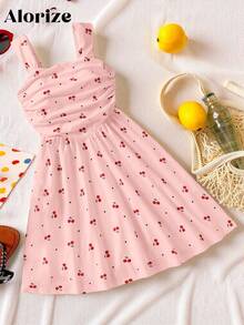 Tween Girls Girls' Fruit Cherry Digital Print Spaghetti Strap Mini Dress, Outfit - Pink - View 4