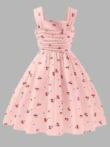 Tween Girls Girls' Fruit Cherry Digital Print Spaghetti Strap Mini Dress, Outfit - Pink - View 3