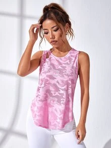 SHEIN Cheerettes Camiseta de tirantes deportiva para mujer con estampado de camuflaje, corte calado y bajo curvo, ropa deportiva para gimnasio y entrenamiento, ropa activa para otoño - Rosado Sandía - Ver 5