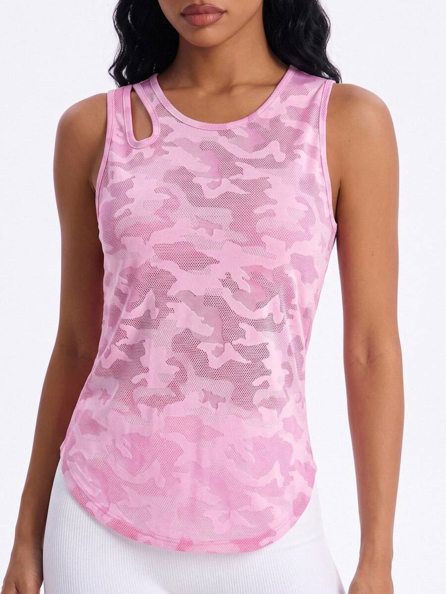 SHEIN Cheerettes Women's Camo Print Cut Out Curved Hem Sports Tank Top Sportswear Gym Workout Activewear For Autumn - Watermelon Pink - View 1