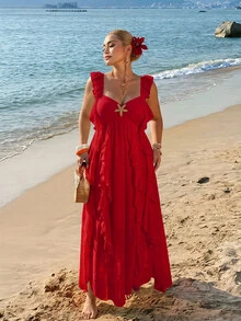 SHEIN MOD Plus Size Women Solid Color Metal Starfish Decor Ruffle Hem Casual Party Dress - Red - View 11