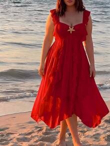 SHEIN MOD Plus Size Women Solid Color Metal Starfish Decor Ruffle Hem Casual Party Dress - Red - View 1