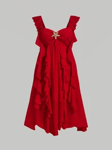 SHEIN MOD Plus Size Women Solid Color Metal Starfish Decor Ruffle Hem Casual Party Dress - Red - View 8