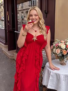 SHEIN MOD Plus Size Women Solid Color Metal Starfish Decor Ruffle Hem Casual Party Dress - Red - View 4
