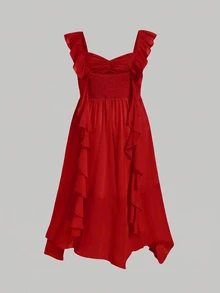 SHEIN MOD Plus Size Women Solid Color Metal Starfish Decor Ruffle Hem Casual Party Dress - Red - View 5