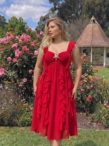 SHEIN MOD Plus Size Women Solid Color Metal Starfish Decor Ruffle Hem Casual Party Dress - Red - View 2