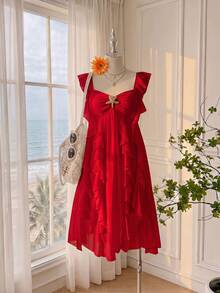 SHEIN MOD Plus Size Women Solid Color Metal Starfish Decor Ruffle Hem Casual Party Dress - Red - View 10