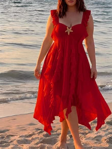 SHEIN MOD Plus Size Women Solid Color Metal Starfish Decor Ruffle Hem Casual Party Dress - Red - View 9