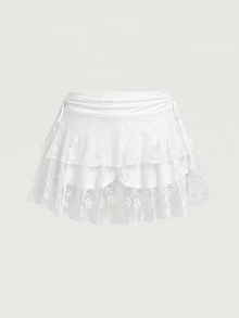 SHEIN MOD 大尺碼女款蕾絲抽繩腰迷你裙，婚禮、電音派對仙女幻想風、Y2K、性感、西式穿搭、夏季度假約會之夜全白款 - 白色 - 查看 5