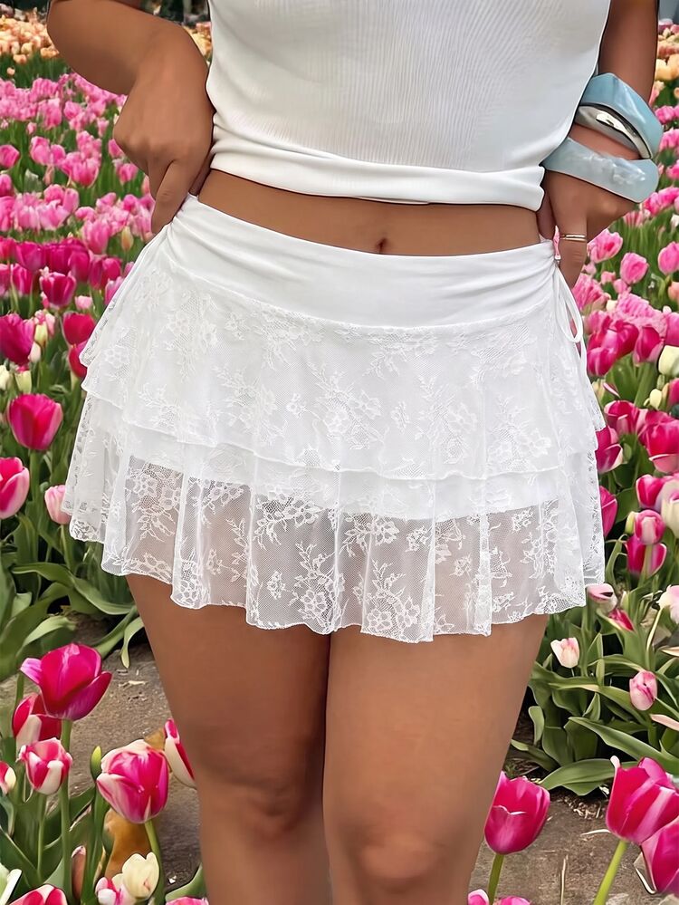 SHEIN MOD Plus Size Women's Lace Drawstring Waist Mini Skirt, New Years, Rave Festival, Y2k, Sexy Skirt, Western Wear Women, Summer For Women, Country , Valentine Day, Cruise Women Sexy - White - View 3