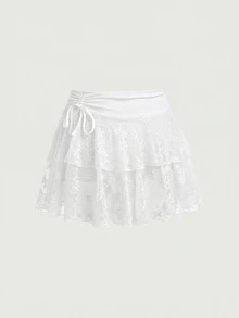 SHEIN MOD 大尺碼女款蕾絲抽繩腰迷你裙，婚禮、電音派對仙女幻想風、Y2K、性感、西式穿搭、夏季度假約會之夜全白款 - 白色 - 查看 8