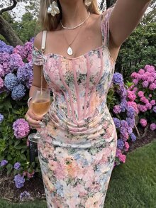 SHEIN MOD Plus Size Summer Elegant Floral Print Off-Shoulder Dress - Multicolor - View 3