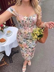 SHEIN MOD Plus Size Summer Elegant Floral Print Off-Shoulder Dress - Multicolor - View 4