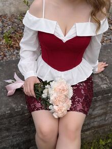 SHEIN MOD 大尺碼女款優雅秋季露肩派對長袖上衣，極簡時尚，休閒街頭穿搭，新年哥德風秋季上衣 - 紅色 - 查看 4