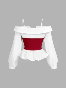 SHEIN MOD 大尺碼女款優雅秋季露肩派對長袖上衣，極簡時尚，休閒街頭穿搭，新年哥德風秋季上衣 - 紅色 - 查看 5
