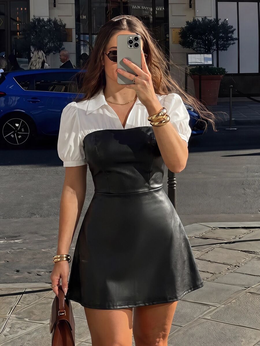 SHEIN MOD 大尺碼女款復古休閒優雅PU拼接黑白對比迷你洋裝,適合約會之夜、度假、正式場合、通勤與日常外出 - 黑與白 - 查看 1