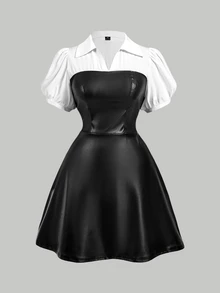 SHEIN MOD 大尺碼女款復古休閒優雅PU拼接黑白對比迷你洋裝，適合約會之夜、度假、正式場合、通勤與日常外出 - 黑與白 - 查看 7