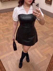 SHEIN MOD 大尺碼女款復古休閒優雅PU拼接黑白對比迷你洋裝，適合約會之夜、度假、正式場合、通勤與日常外出 - 黑與白 - 查看 4