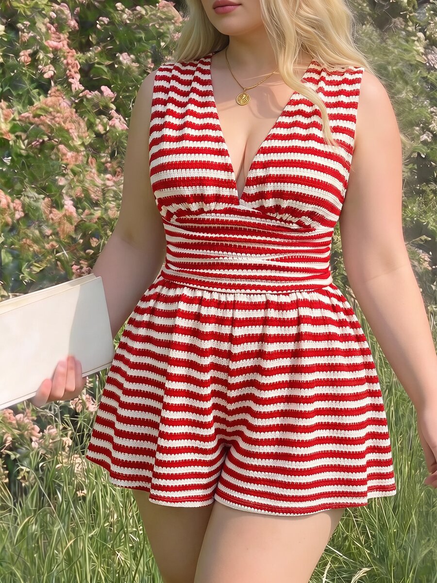 SHEIN MOD 大尺碼休閒條紋無袖連身褲 - 紅白色 - 查看 1