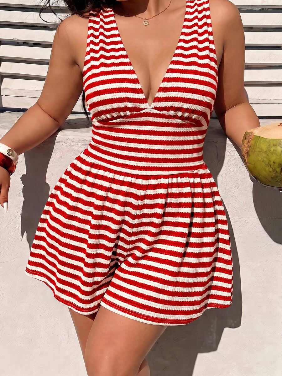 SHEIN MOD Plus Size Casual Striped Sleeveless Romper - Red and White - View 1