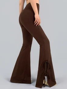 DAZY Solid Color Tie-Front Split Hem Flare Leggings Fall - Brown - View 1