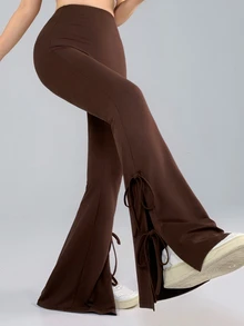 DAZY Solid Color Tie-Front Split Hem Flare Leggings Fall - Brown - View 2